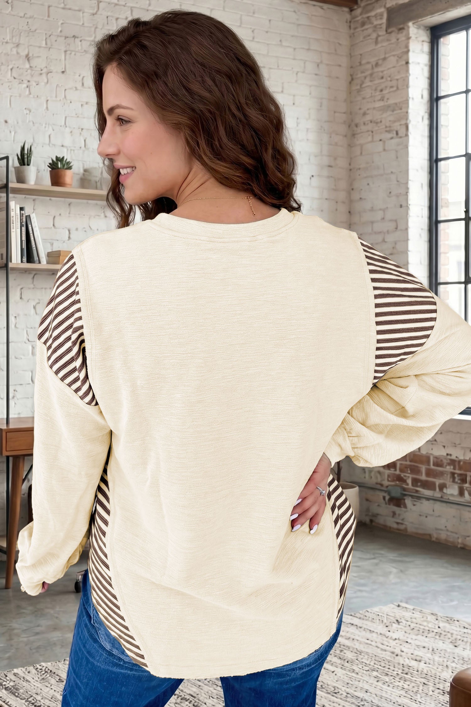 Jet Stream Western Print Striped Detail Long Sleeve Casual Top