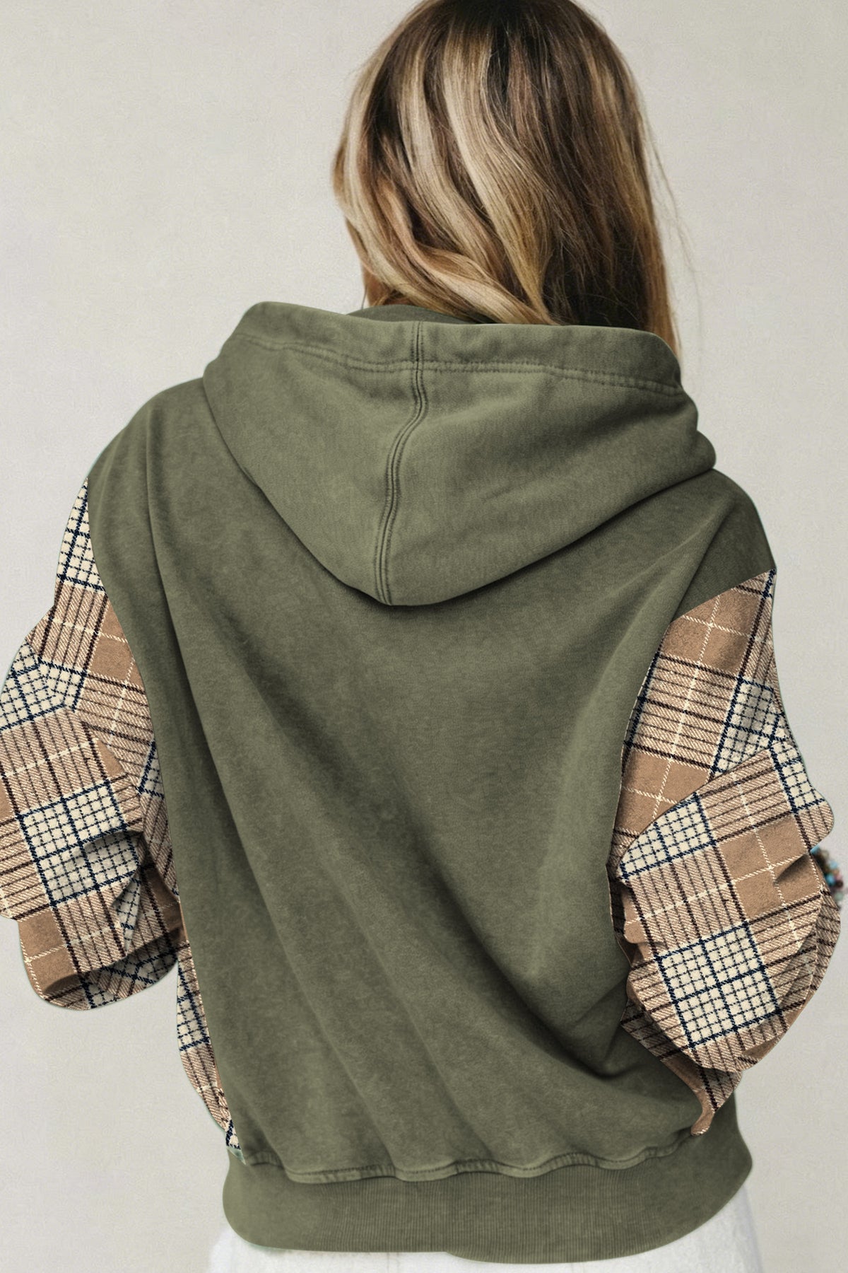 Moss Green Plaid Sleeve Drawstring Pocket Hooded Sweatshirt Dear-Lover Dropshipping