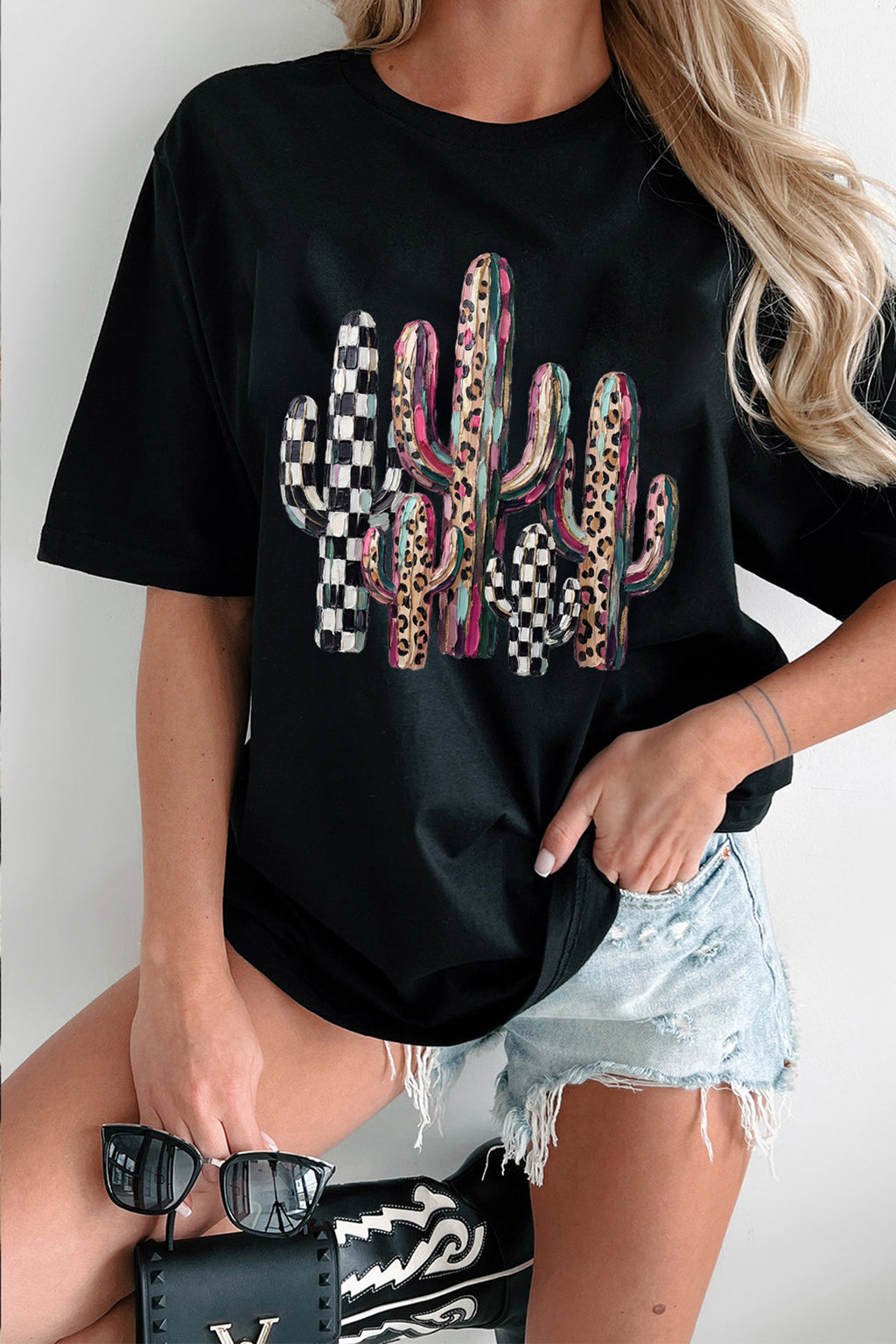 Black cactus graphic tee, view 4