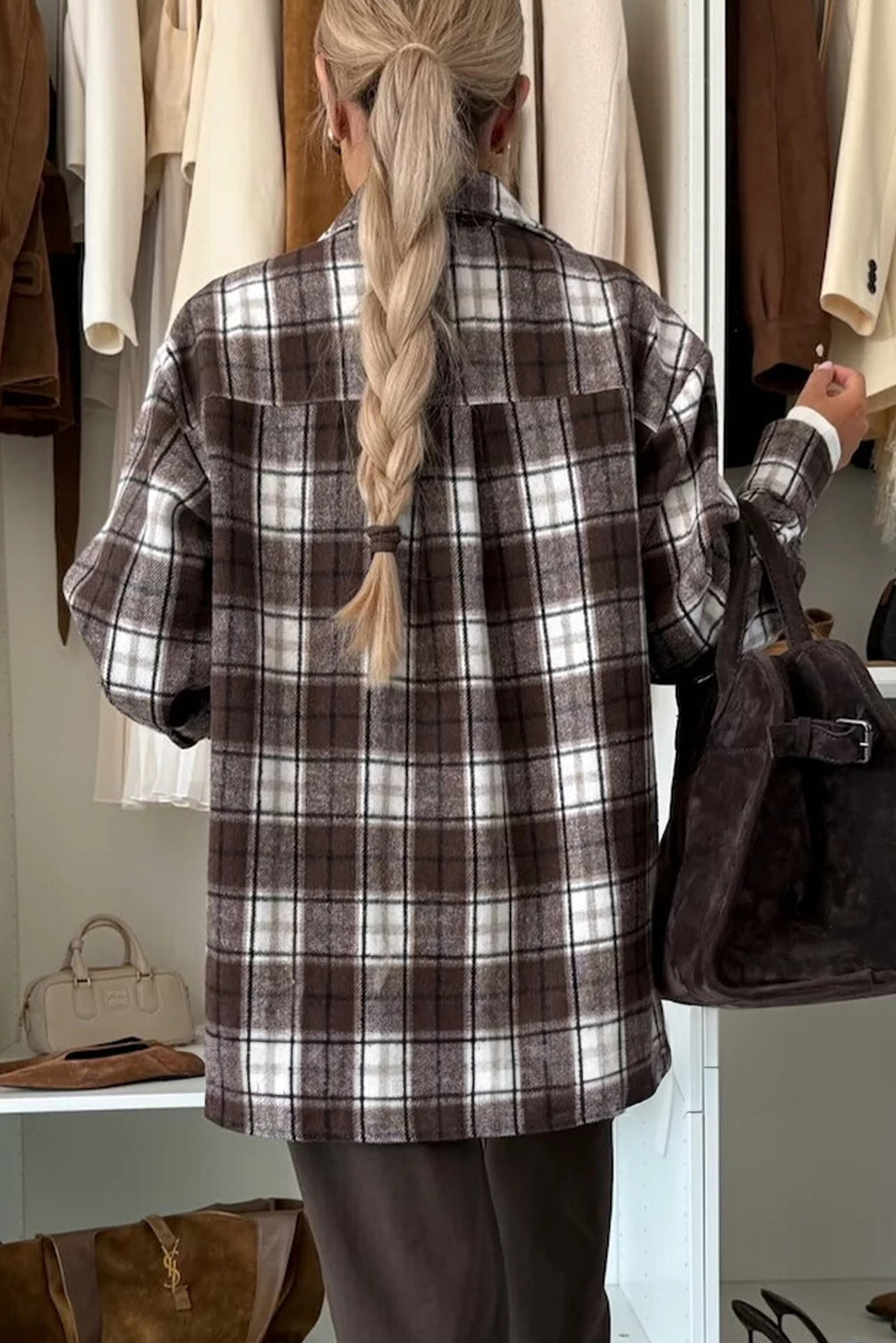 Dark Brown Flanel Plaid Single Chest Pocket Boyfriend Shacket Dear-Lover Dropshipping