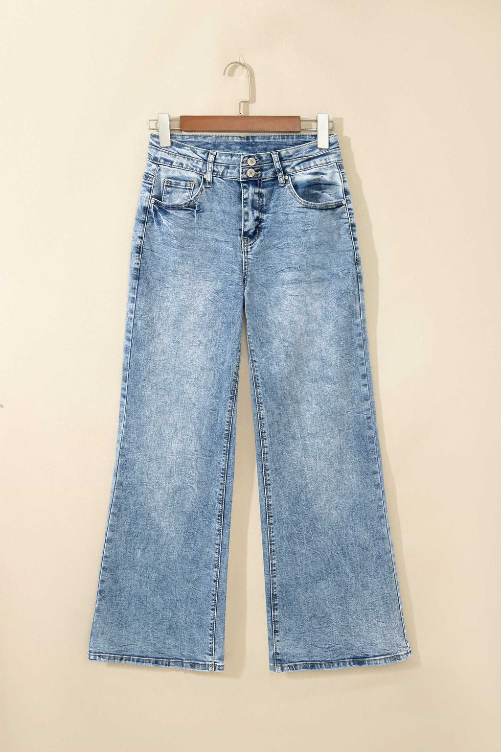Blue acid wash flare jeans, view 7