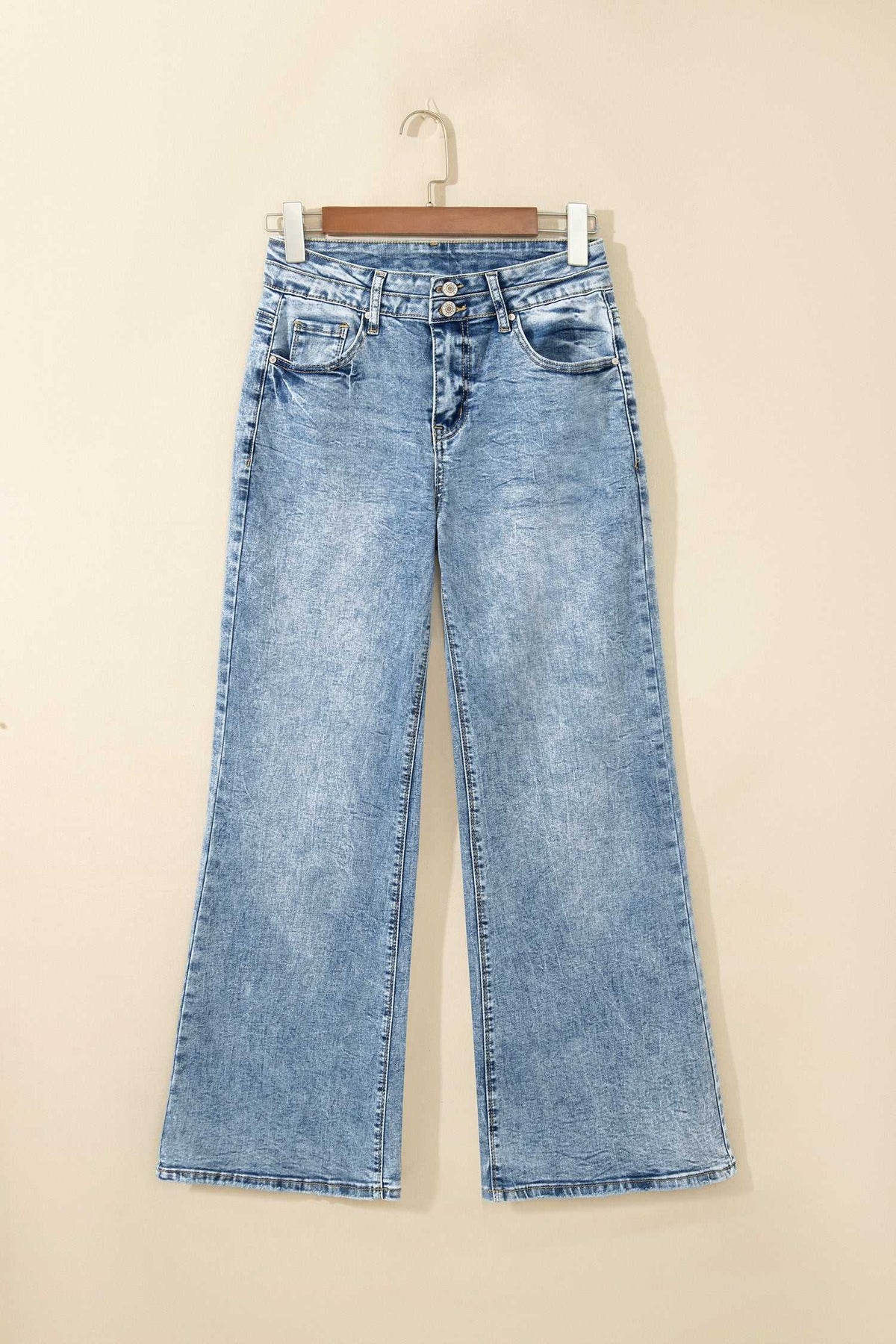 Blue acid wash flare jeans, view 7