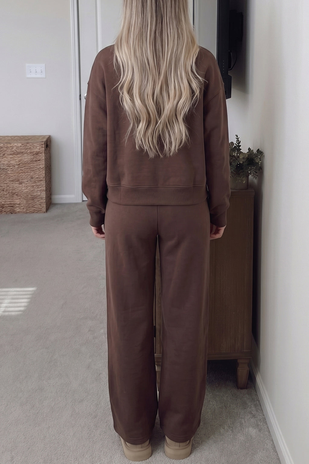 Coffee Mock Neck Pullover Pants Set fabric detail