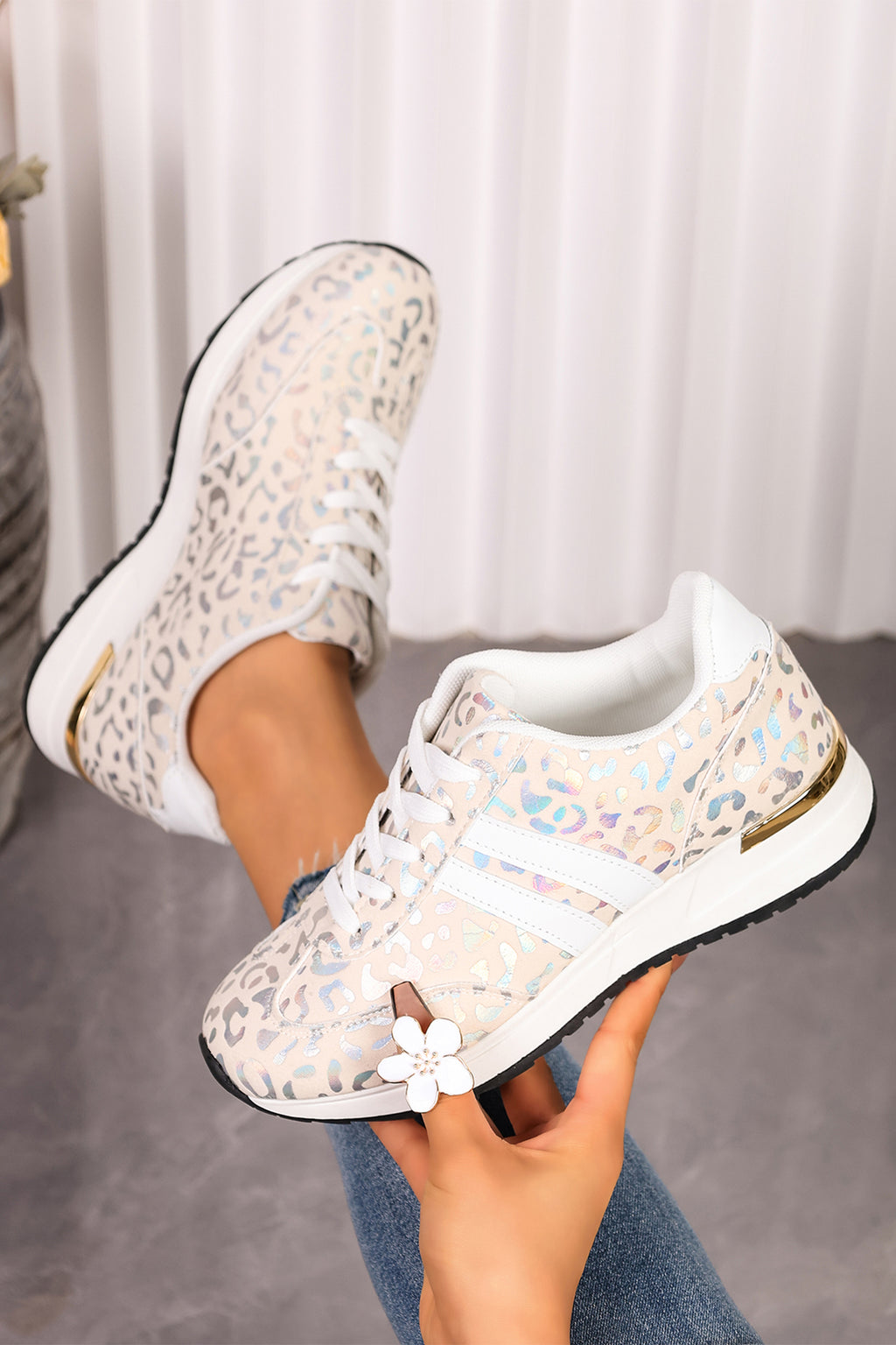 White leopard lace-up sneakers, view 7