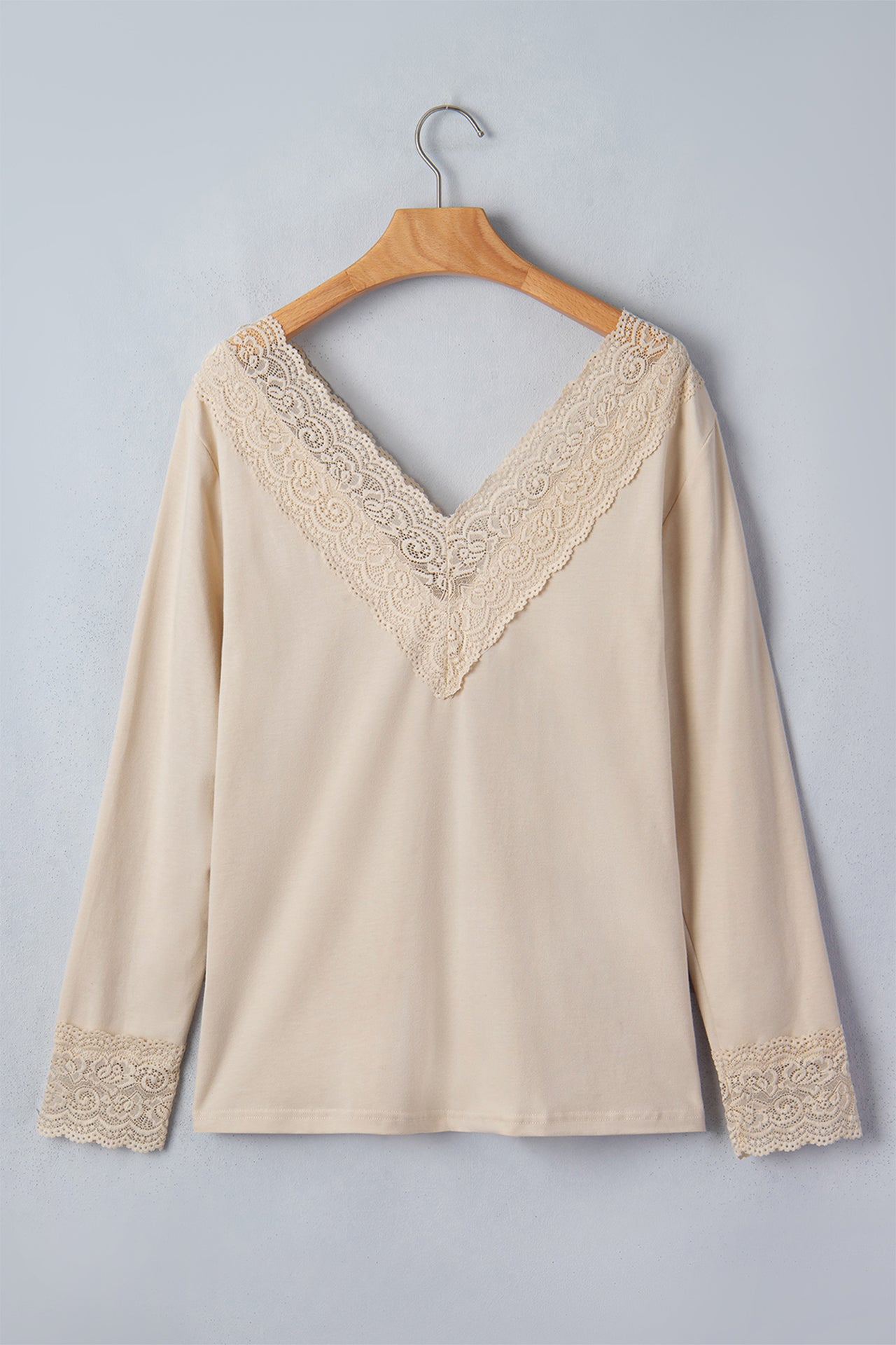 Apricot Lace Trim V Neck Long Sleeve Patchwork Pullover Top