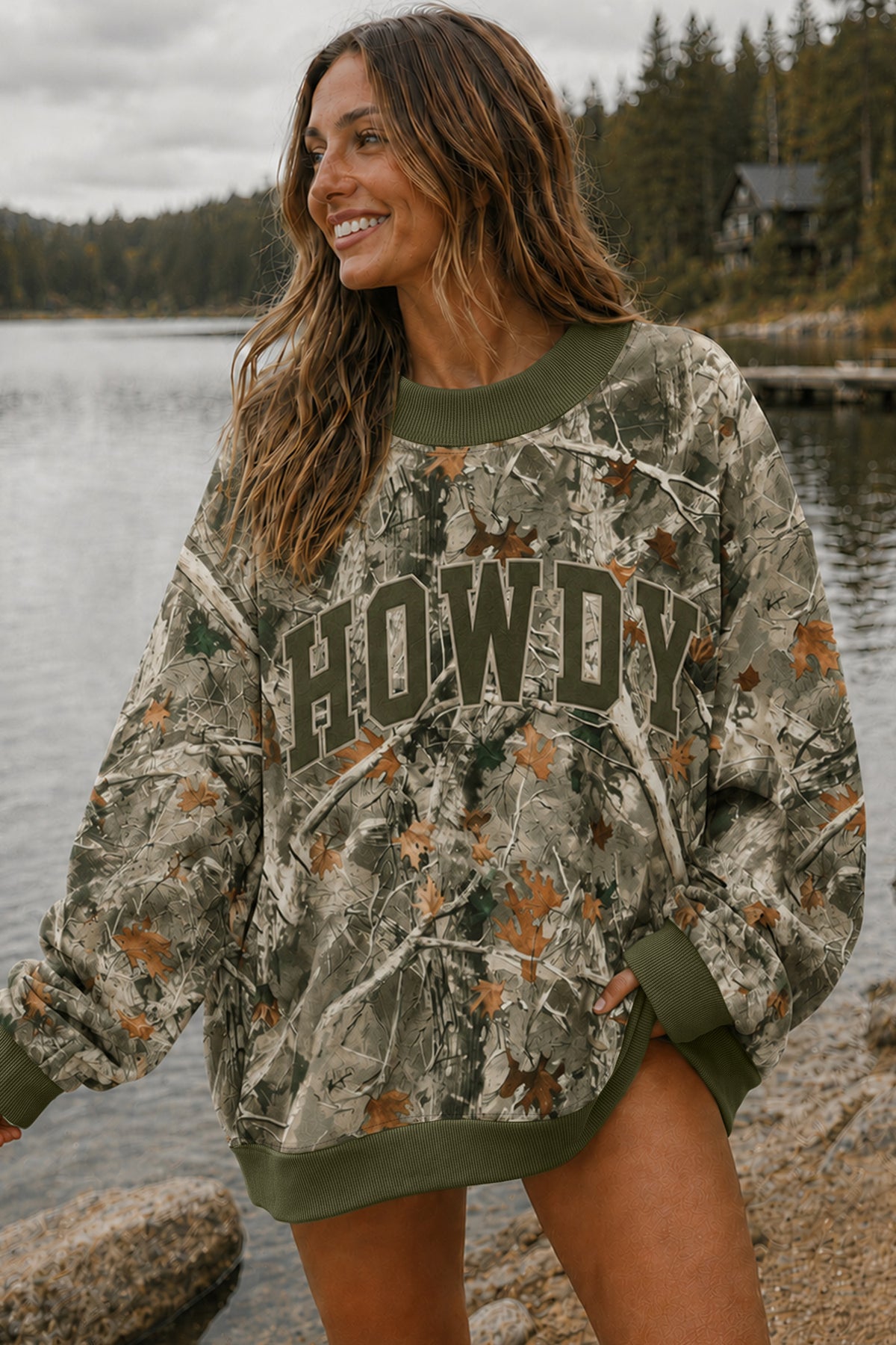 Green Western Camo Print Baggy Pullover Sweatshirt Dear-Lover Dropshipping