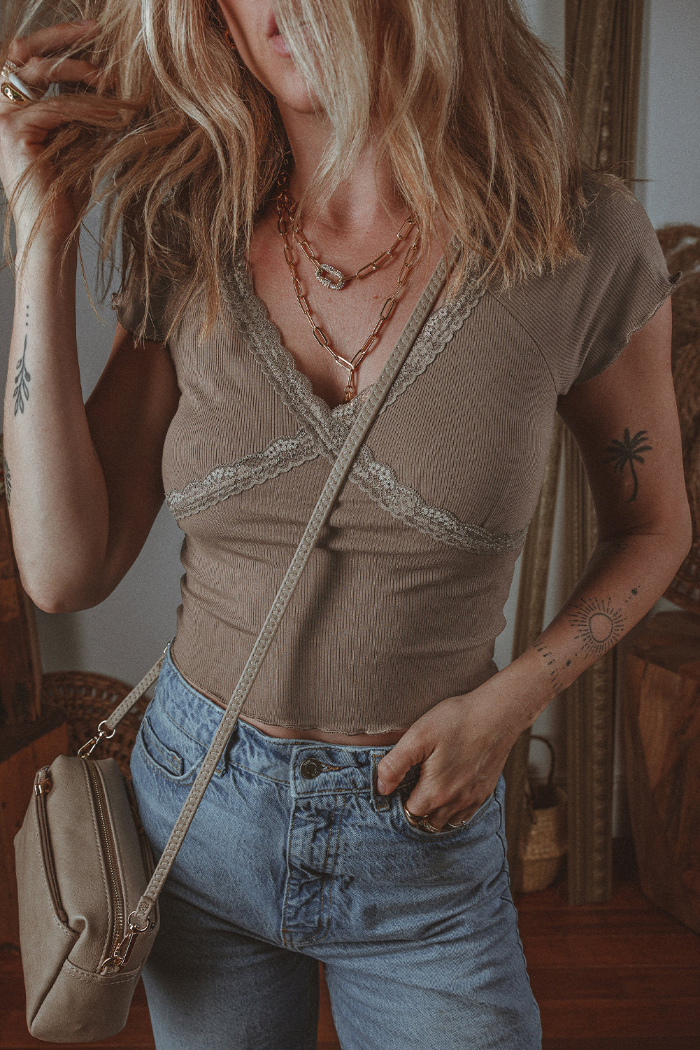 Brown Lace Trim Criss Cross V-Neck Top