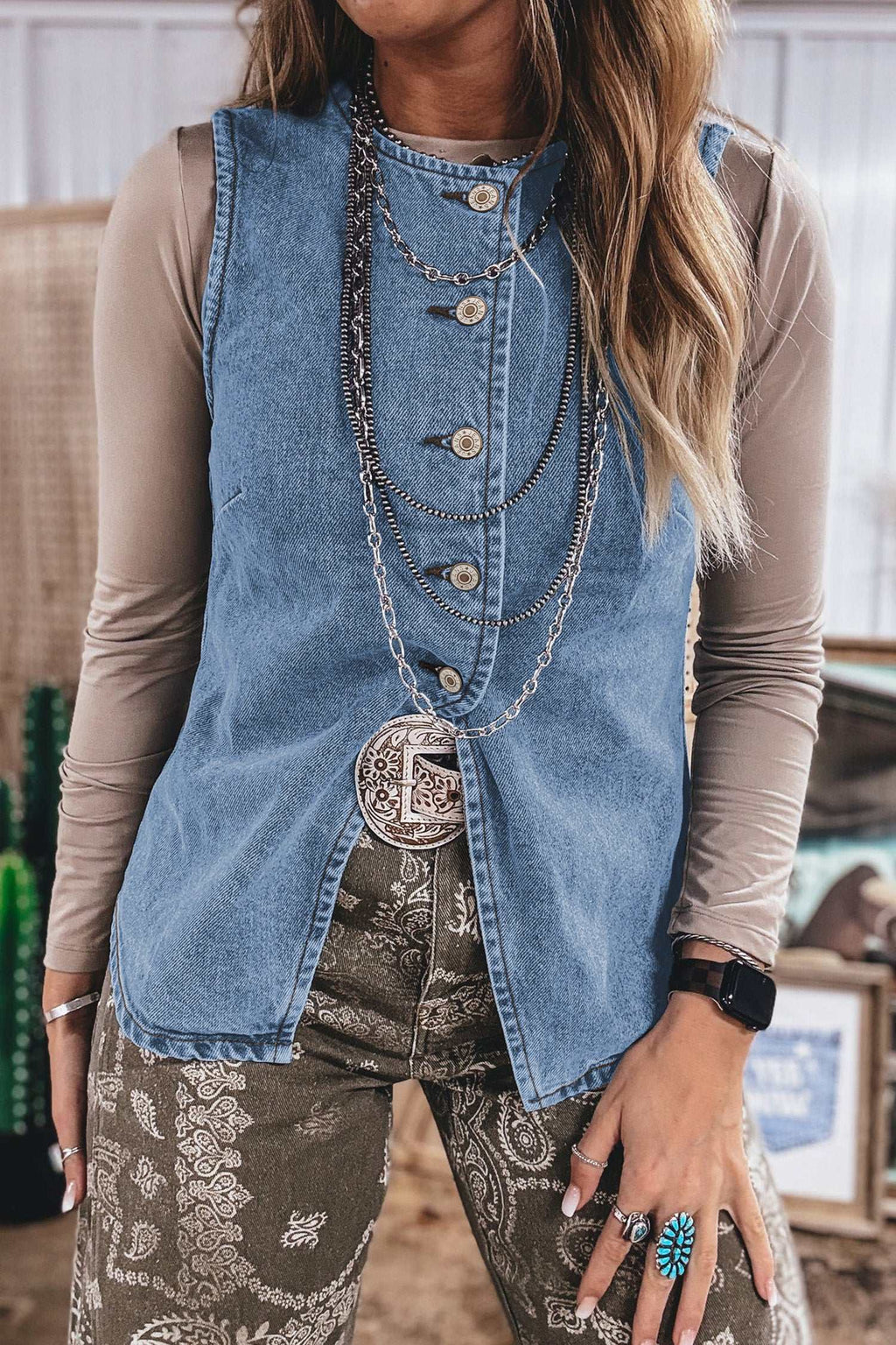 Black button front denim vest, view 4