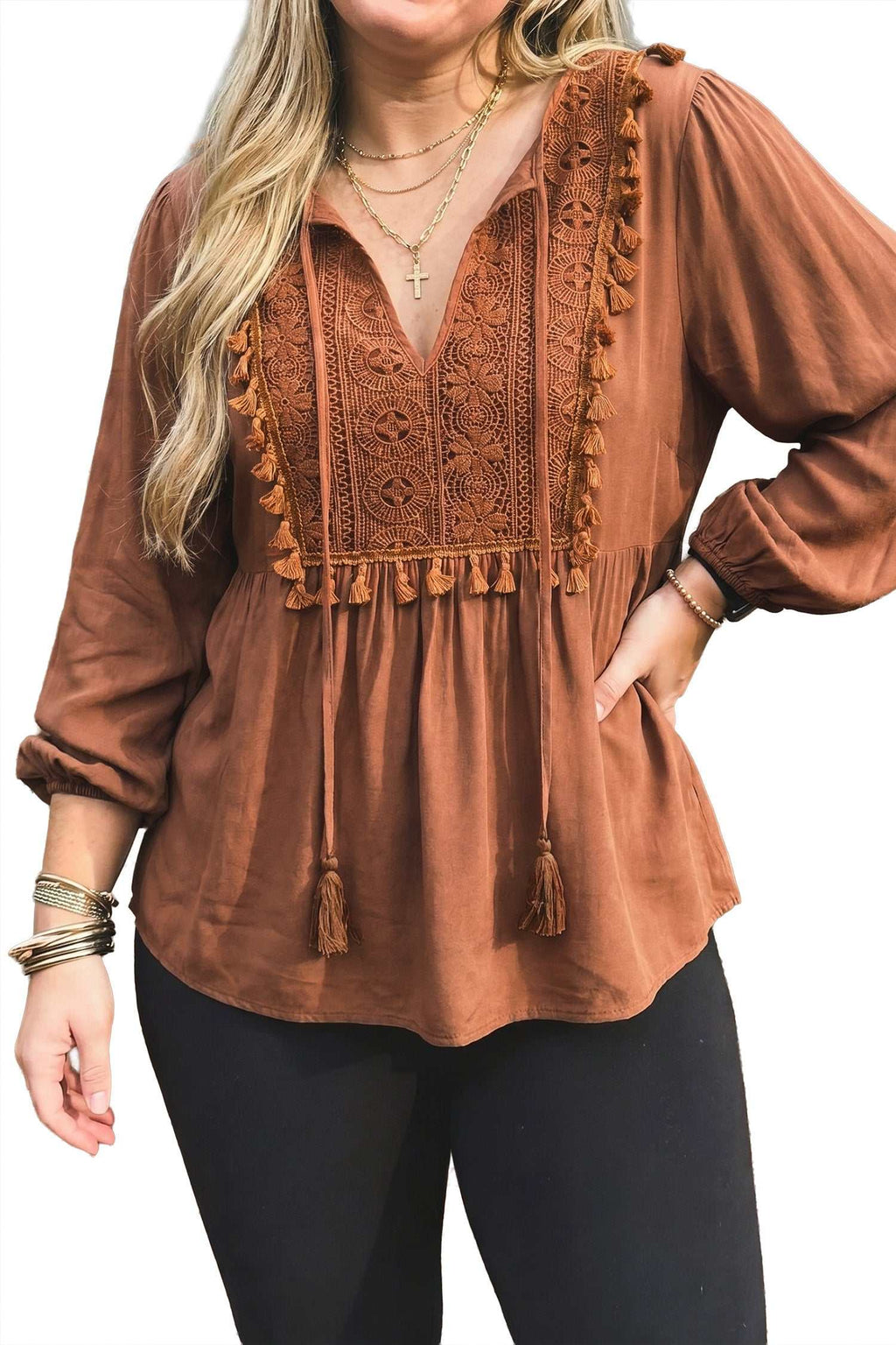 Chestnut boho plus size blouse, view 7