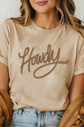 Khaki Howdy Embroidered Western Tee with brown embroidered "Howdy" lettering, cuffed sleeves, and soft cotton blend fabric.