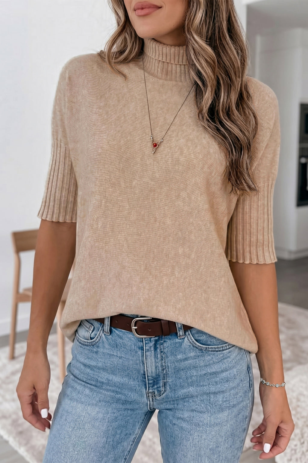 Women's beige high neck short sleeve sweater with ribbed trim