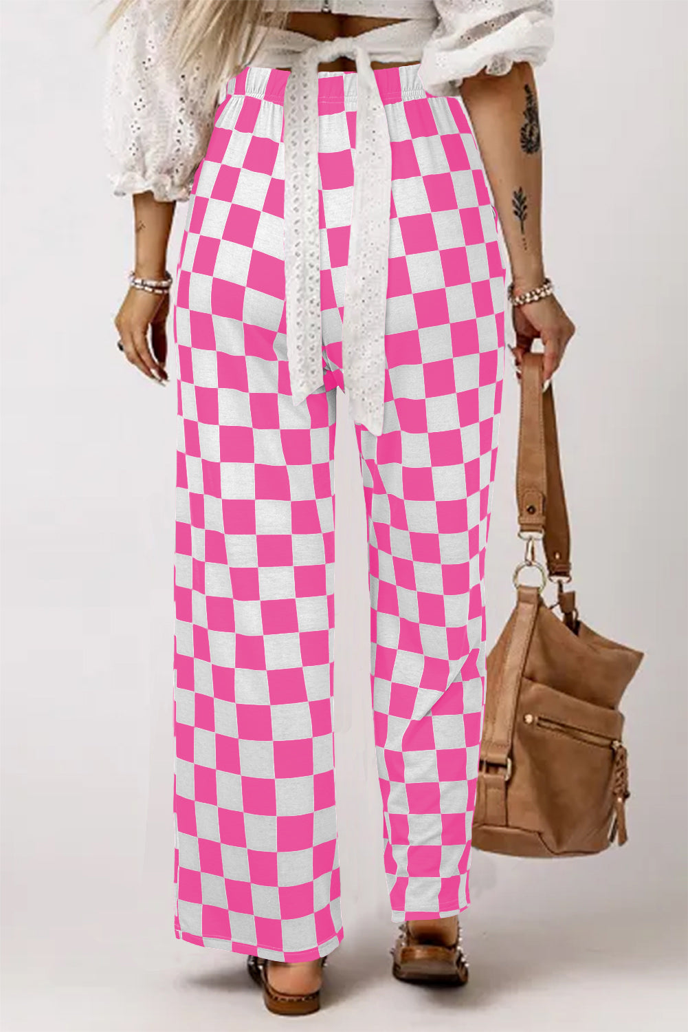 Pink checked wide leg pants, alternate view