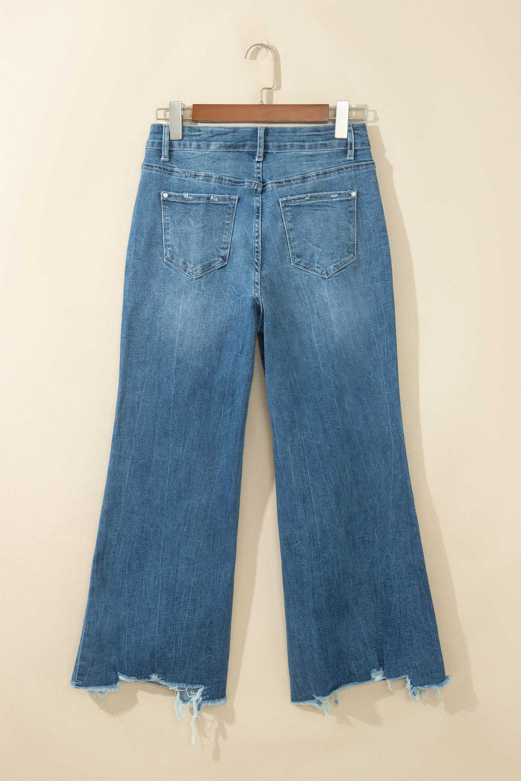 Blue frayed hem flare jeans, view 10