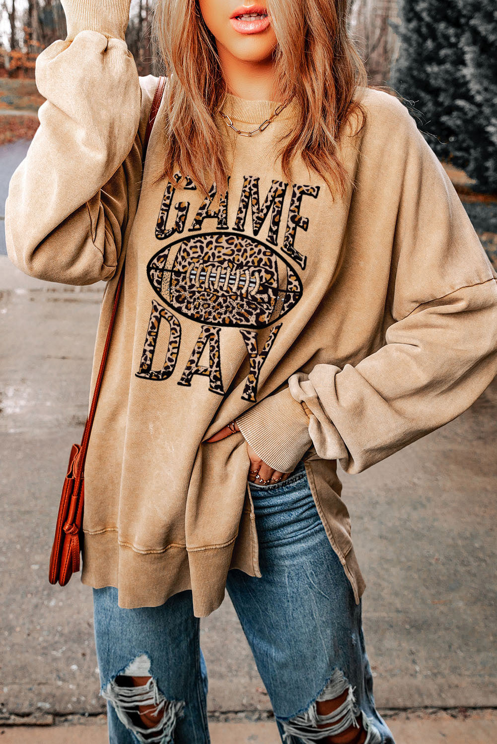 Khaki Loose Leopard Rugby Football GAME DAY Graphic Sweatshirt