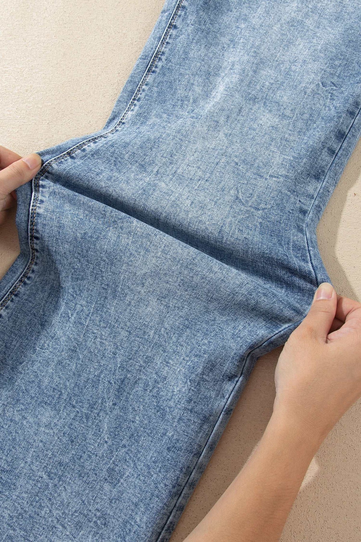 Blue acid wash flare jeans, view 17
