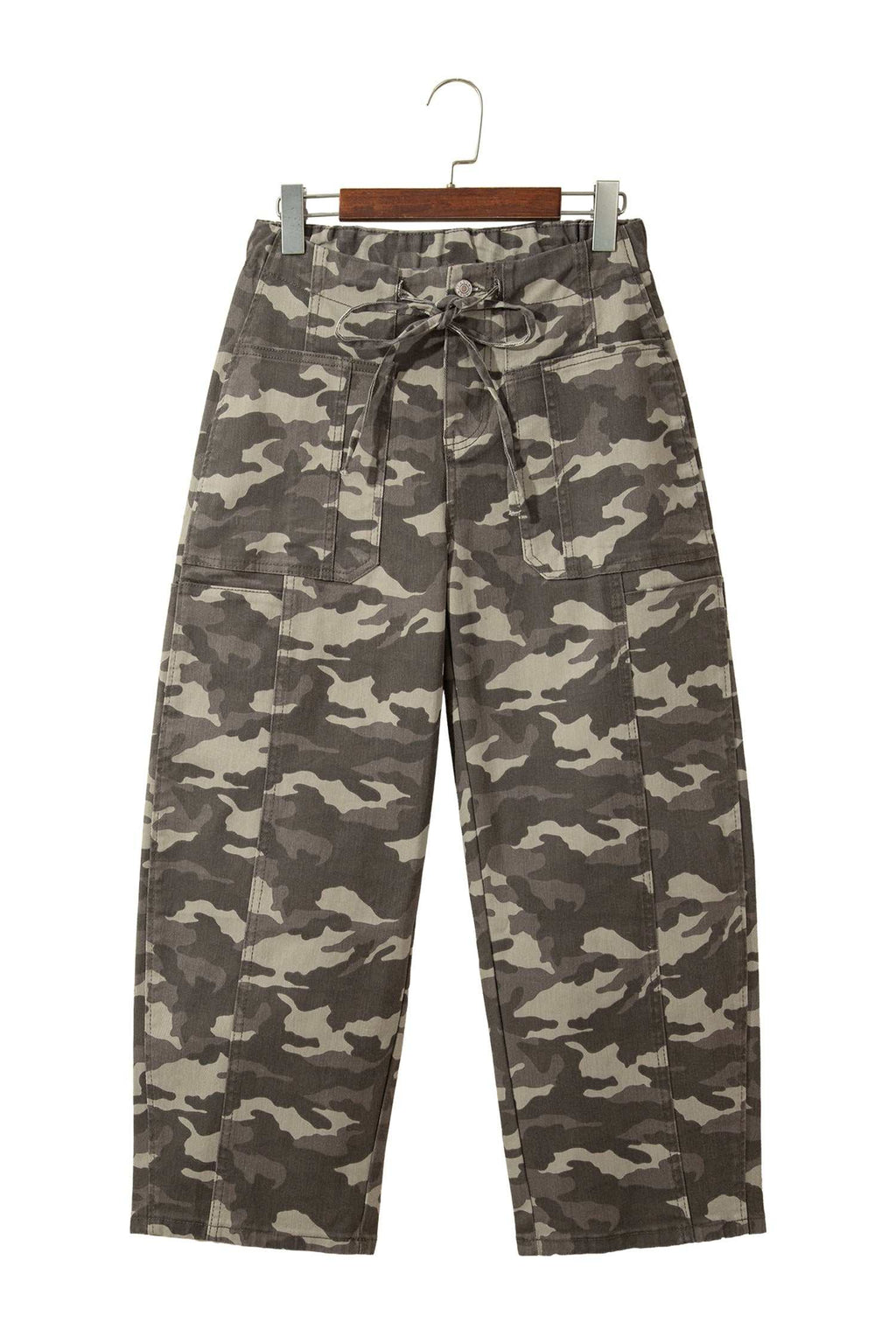 Relaxed fit Khaki Leopard Drawstring barrel jeans with camouflage pattern, elastic waist, side pockets, and drawstring tie.