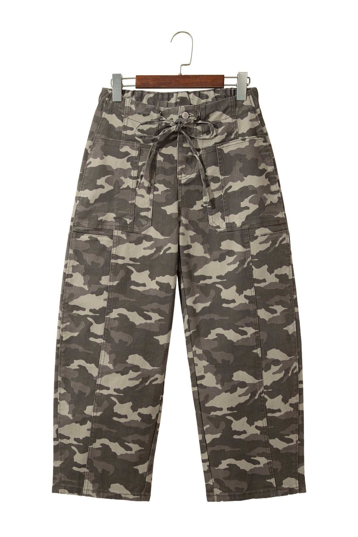 Relaxed fit Khaki Leopard Drawstring barrel jeans with camouflage pattern, elastic waist, side pockets, and drawstring tie.