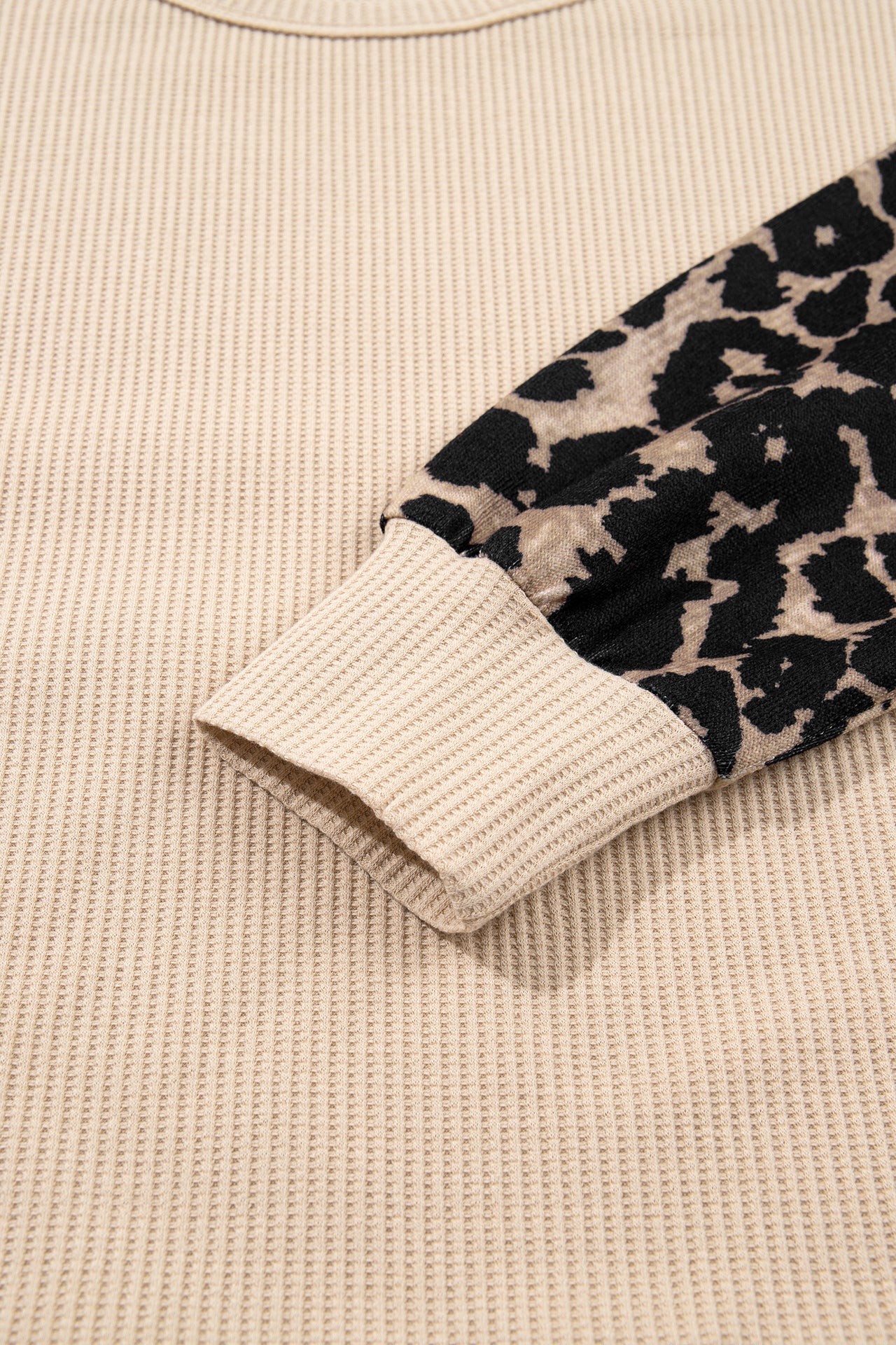 Gray Morn Leopard Sleeve Waffle Knit Split Hem Top
