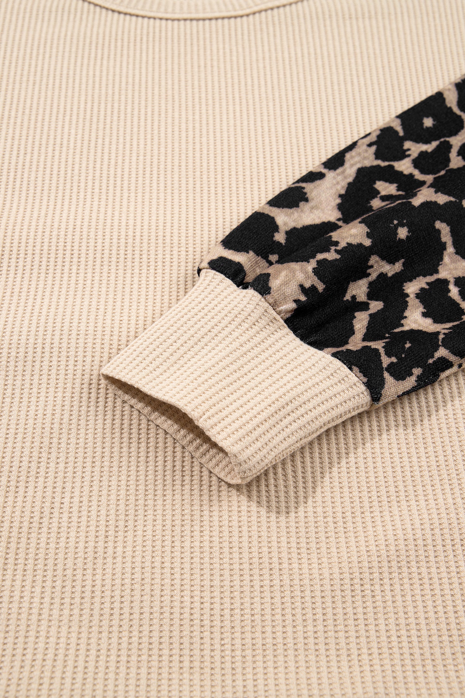 Gray Morn Leopard Sleeve Waffle Knit Split Hem Top