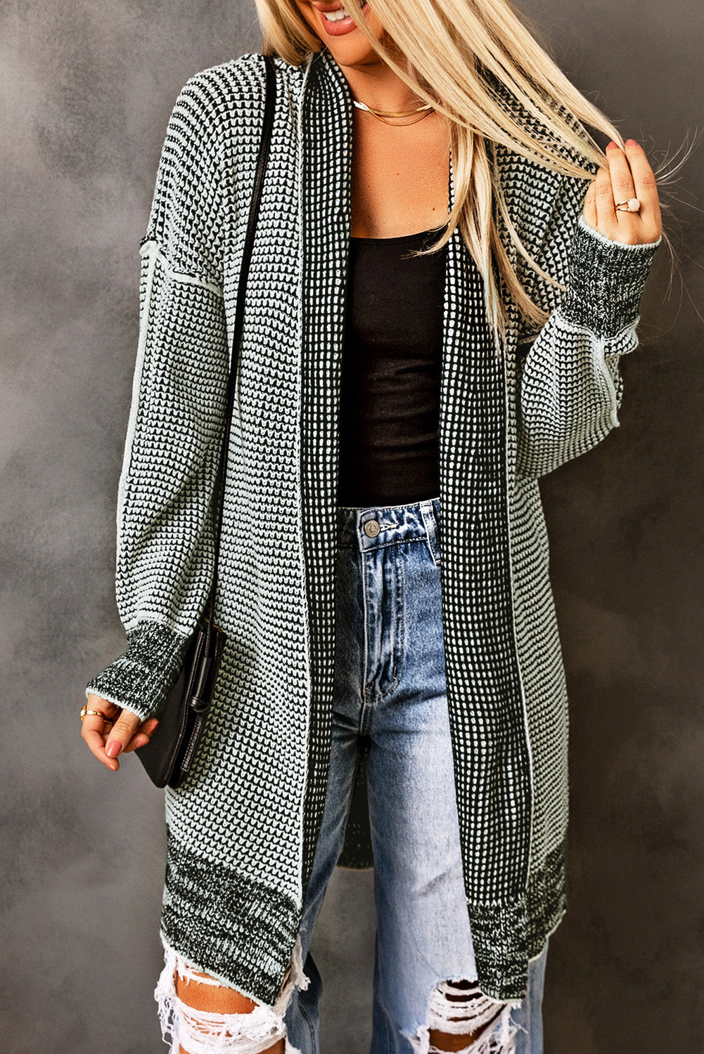 Women's gray plaid knitted long open-front cardigan
