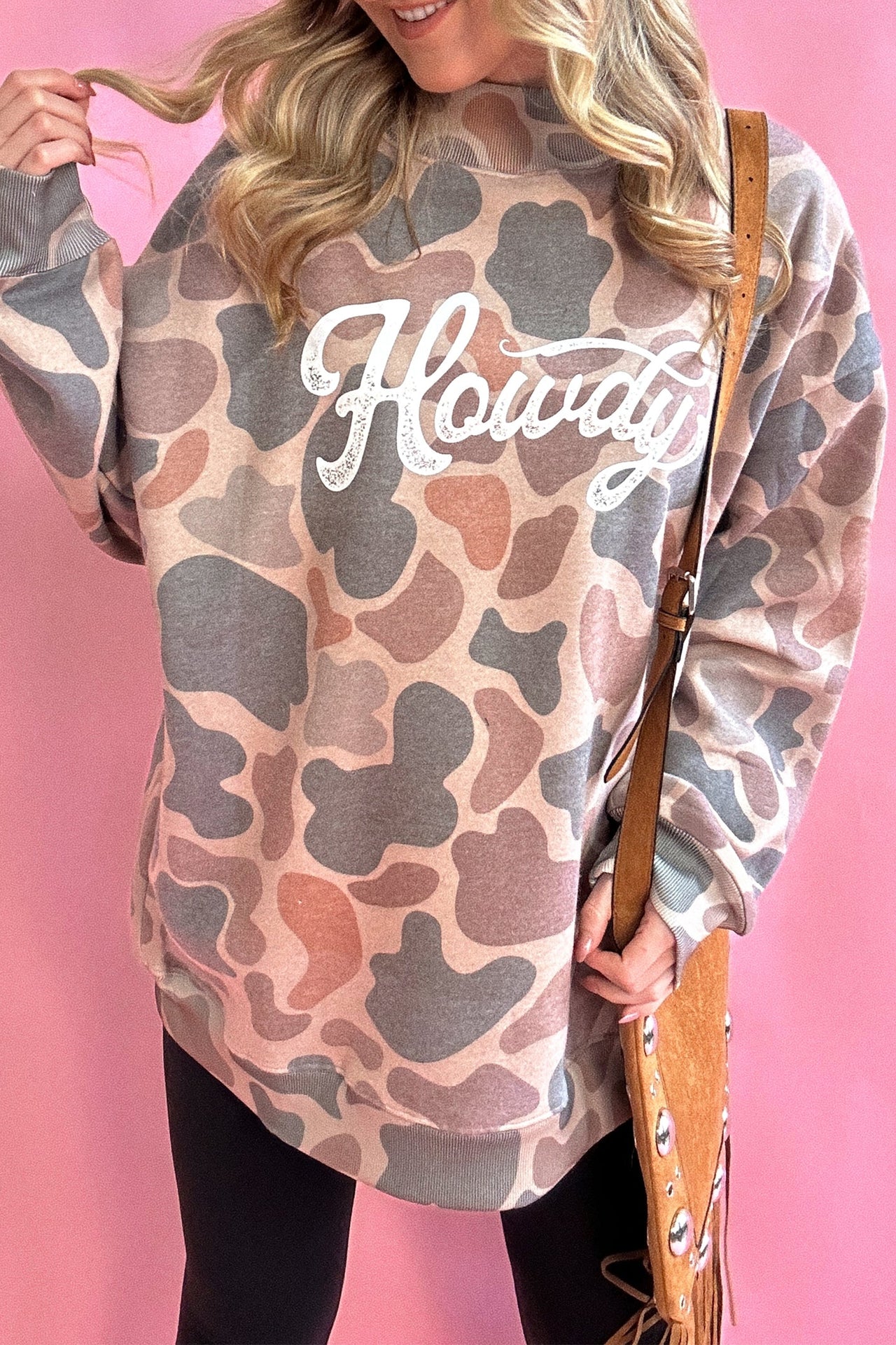 Multicolour Camo Print Howdy Western Style Baggy Pullover Sweatshirt