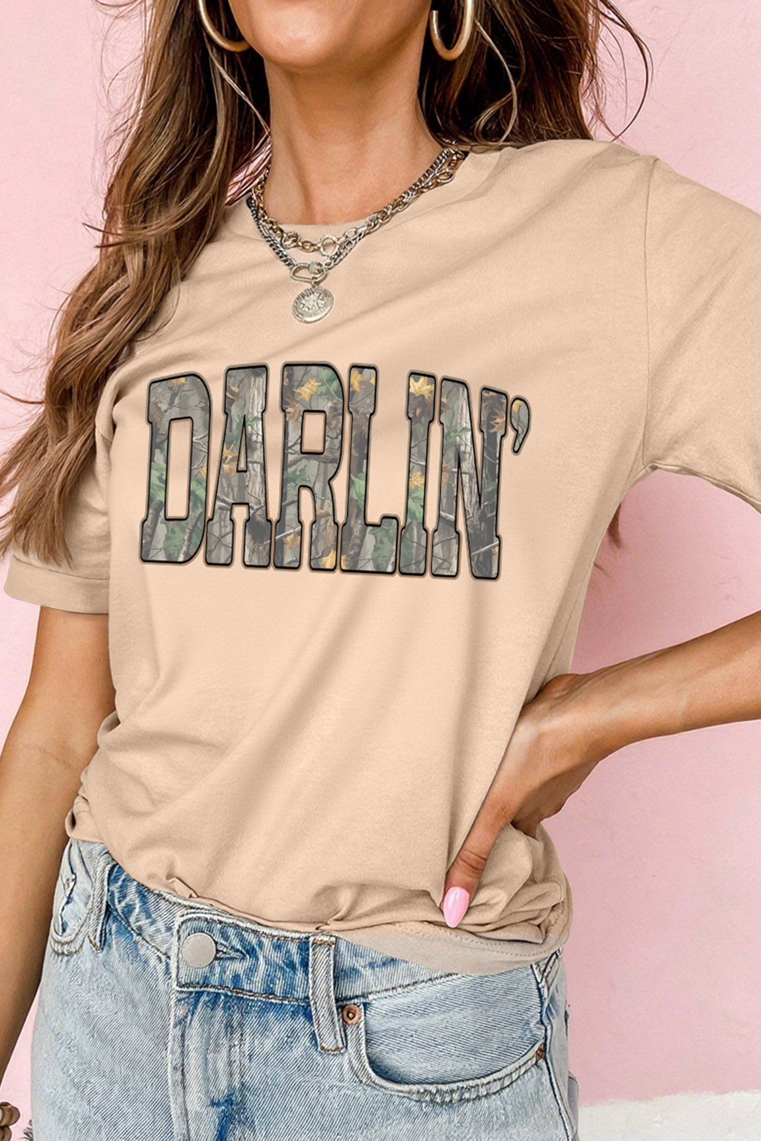 Khaki Darlin Camo Letter Print Crewneck T Shirt