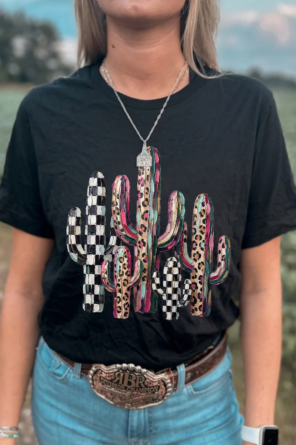Black cactus graphic tee, view 3