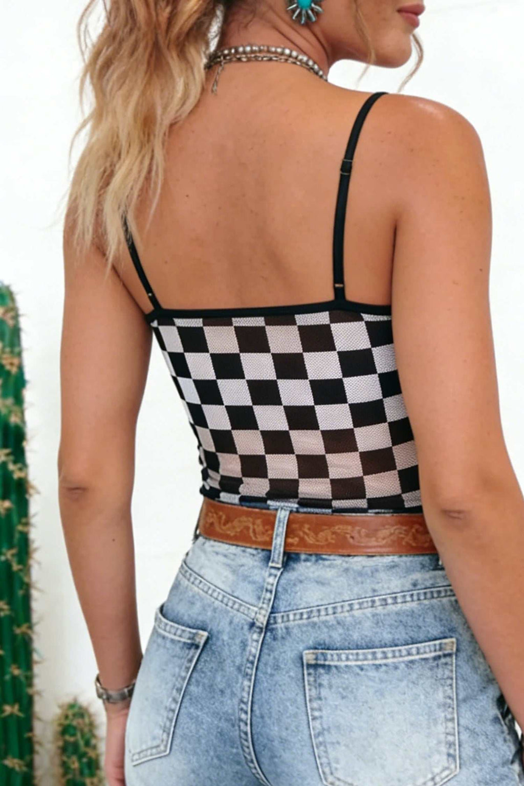 Black sheer checkered tank top, view 5