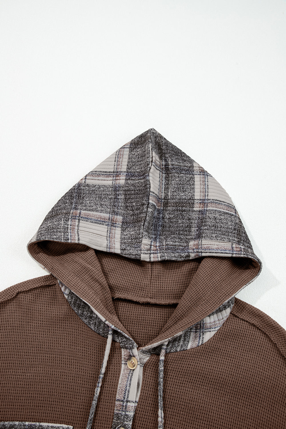 Brown Plaid Patchwork Button Down Drawstring Hooded Shacket Dear-Lover Dropshipping