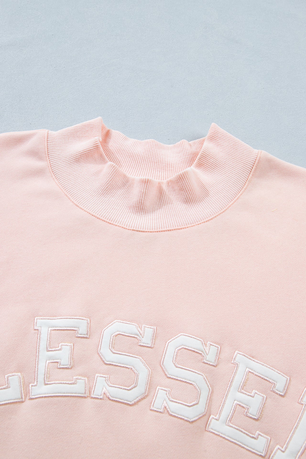 Light Pink BLESSED Embroidered Trim Patch Graphic Plus Size Mock Neck Sweatshirt