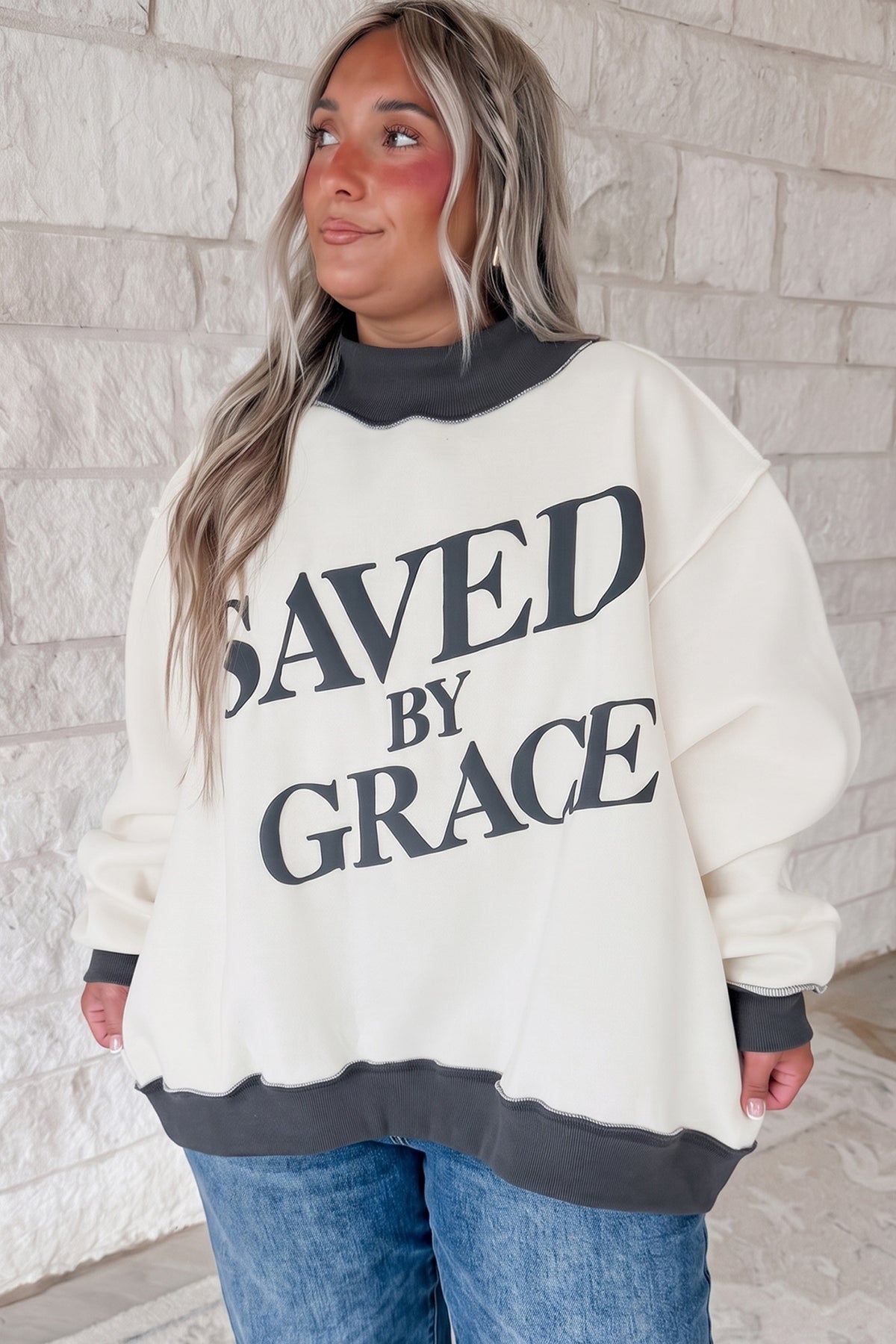 Beige SAVED BY GRACE Letter Print Color Block Mock Neck Plus Size Sweatshirt Dear-Lover Dropshipping
