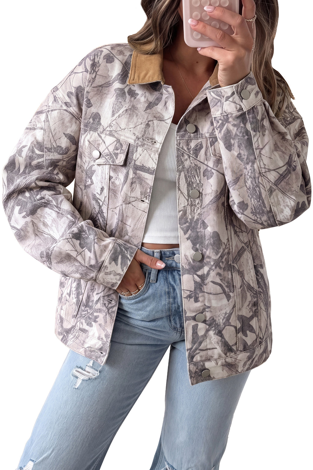 Gray Abstract Camo Print Colorblock Collar Oversized Shift Silhouette Denim Jacket Dear-Lover Dropshipping