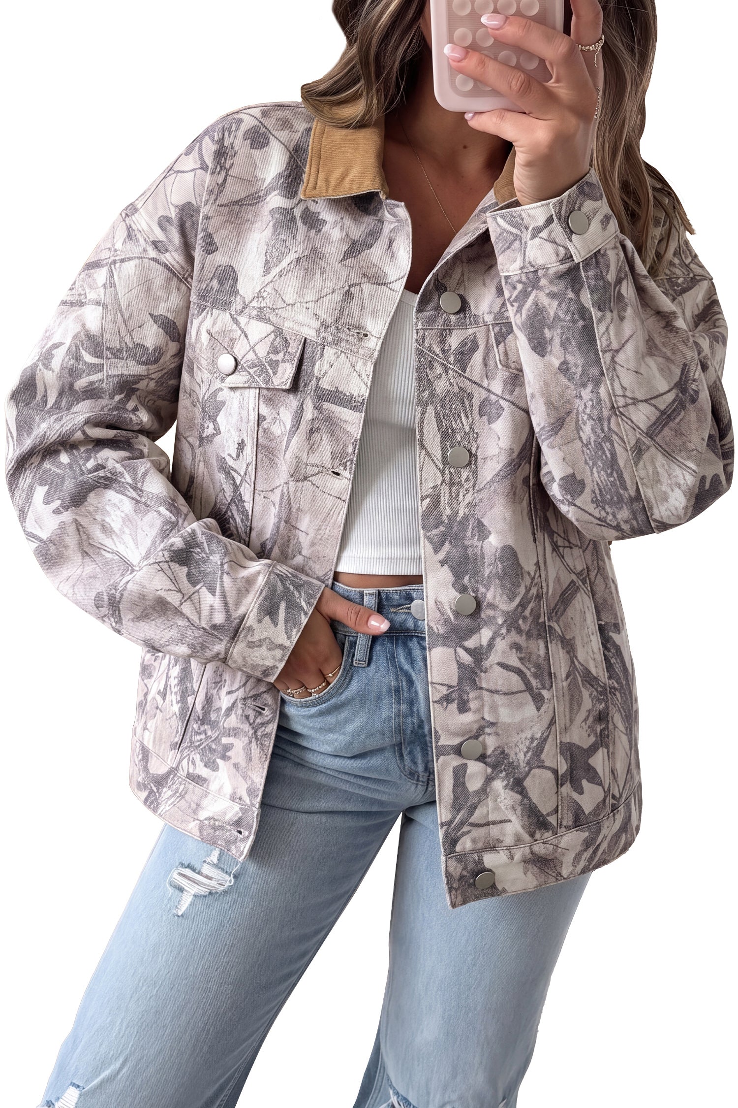 Gray Abstract Camo Print Colorblock Collar Oversized Shift Silhouette Denim Jacket Dear-Lover Dropshipping