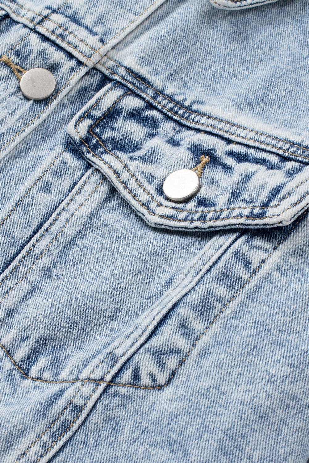 Sky blue distressed denim jacket, view 8