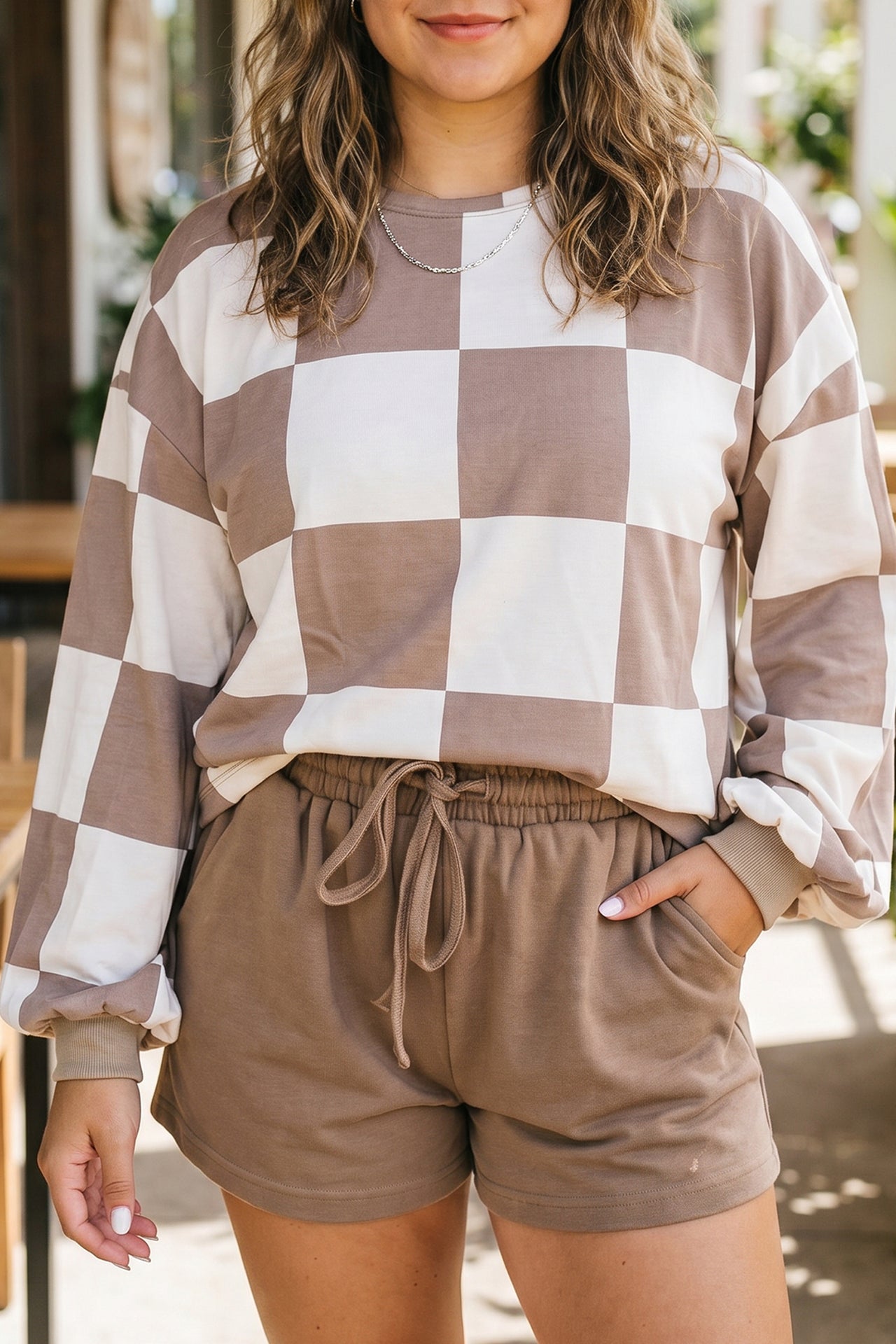 Plus Size Khaki Checkered Lounge Set original lifestyle view