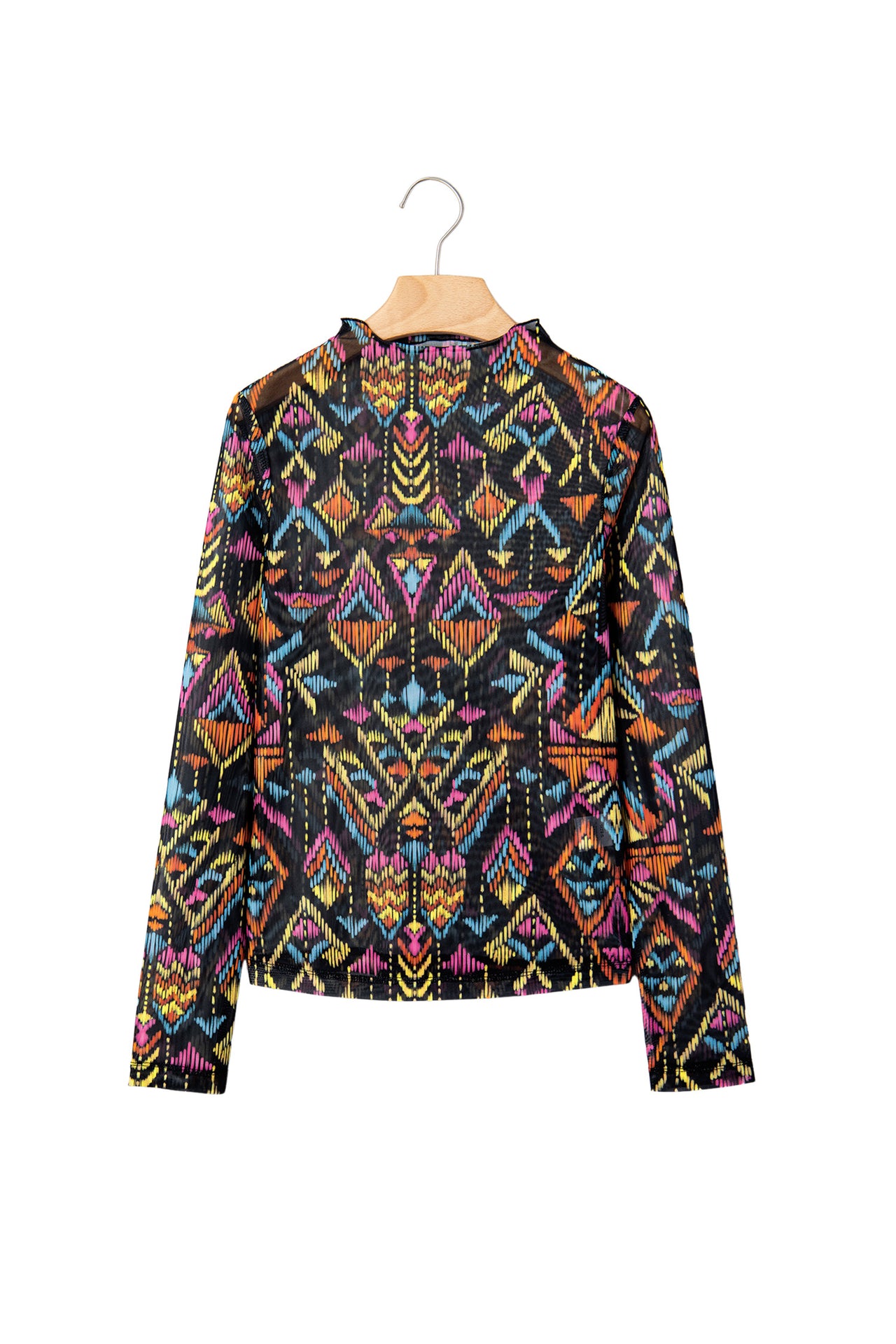 Black Abstract Print Stand Neck Mesh Top