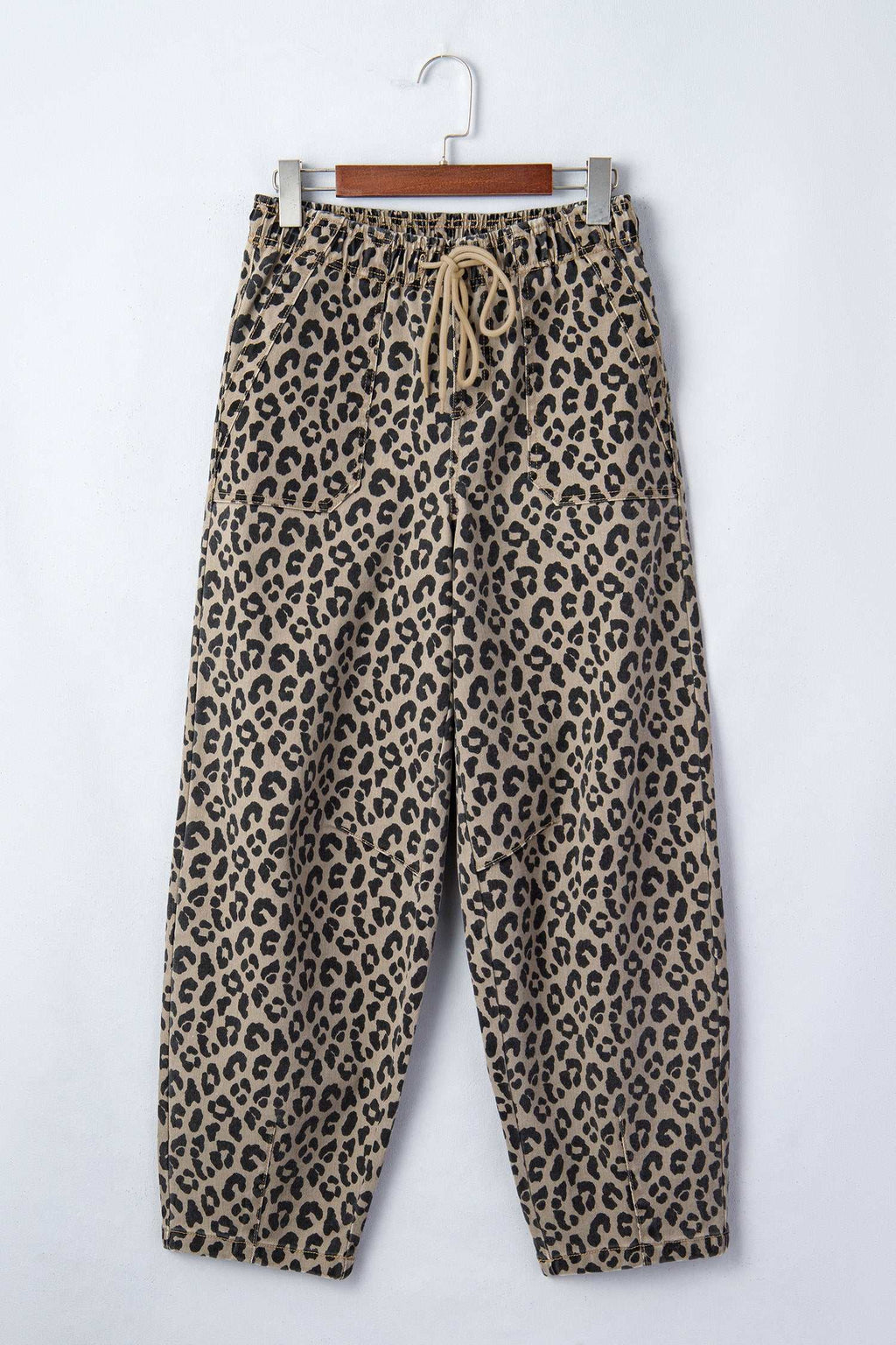 Khaki leopard loose denim pants, view 4