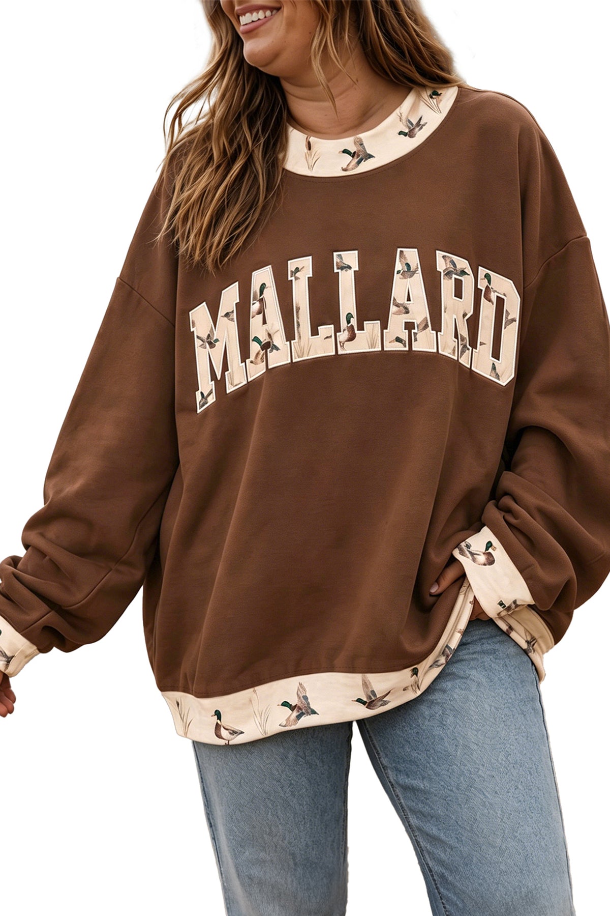 Coffee Plus Size Embroidered Trim Mallard Patch Contrast Trim Crewneck Sweatshirt Dear-Lover Dropshipping