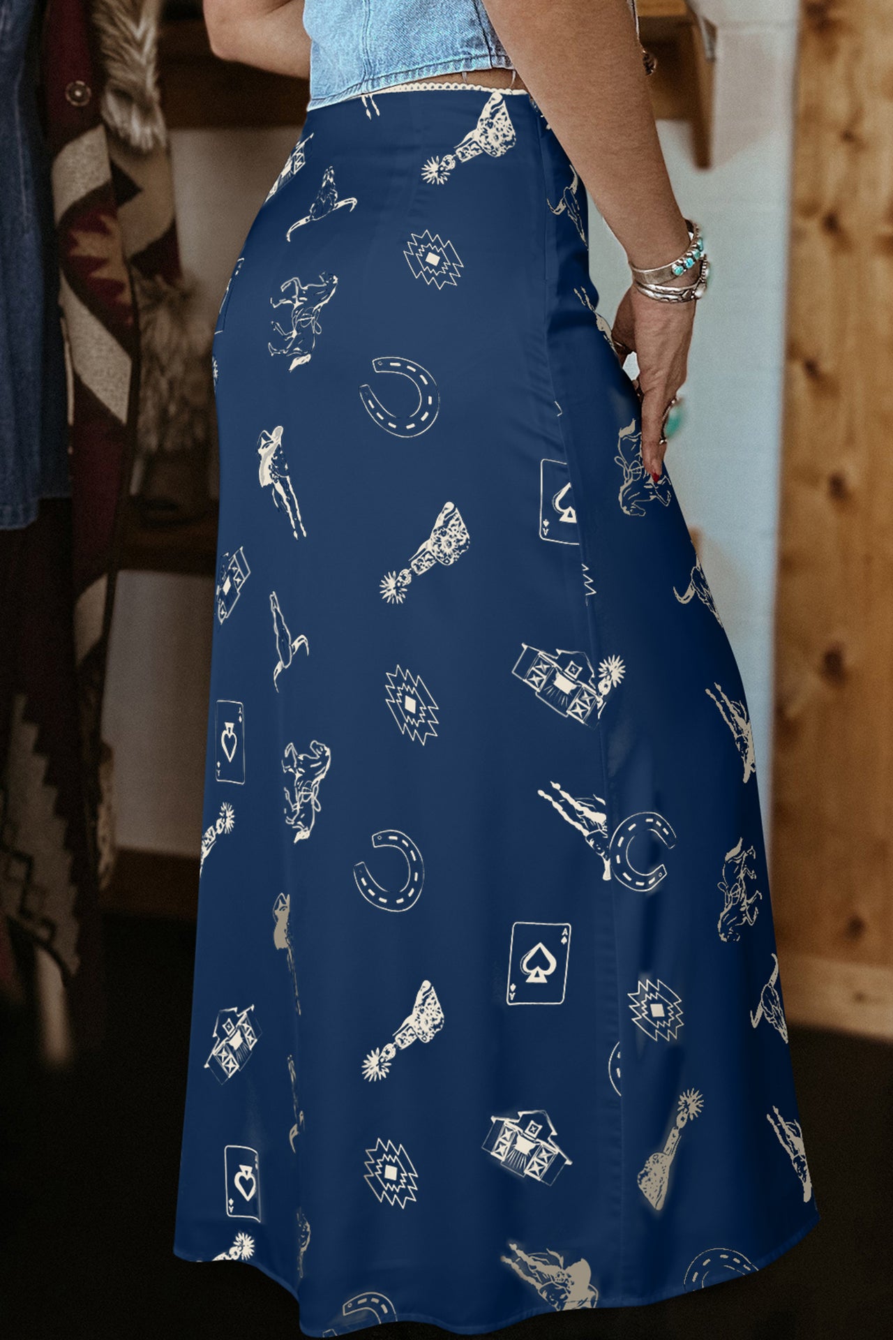 Navy Blue Western Print Satin Long Skirt