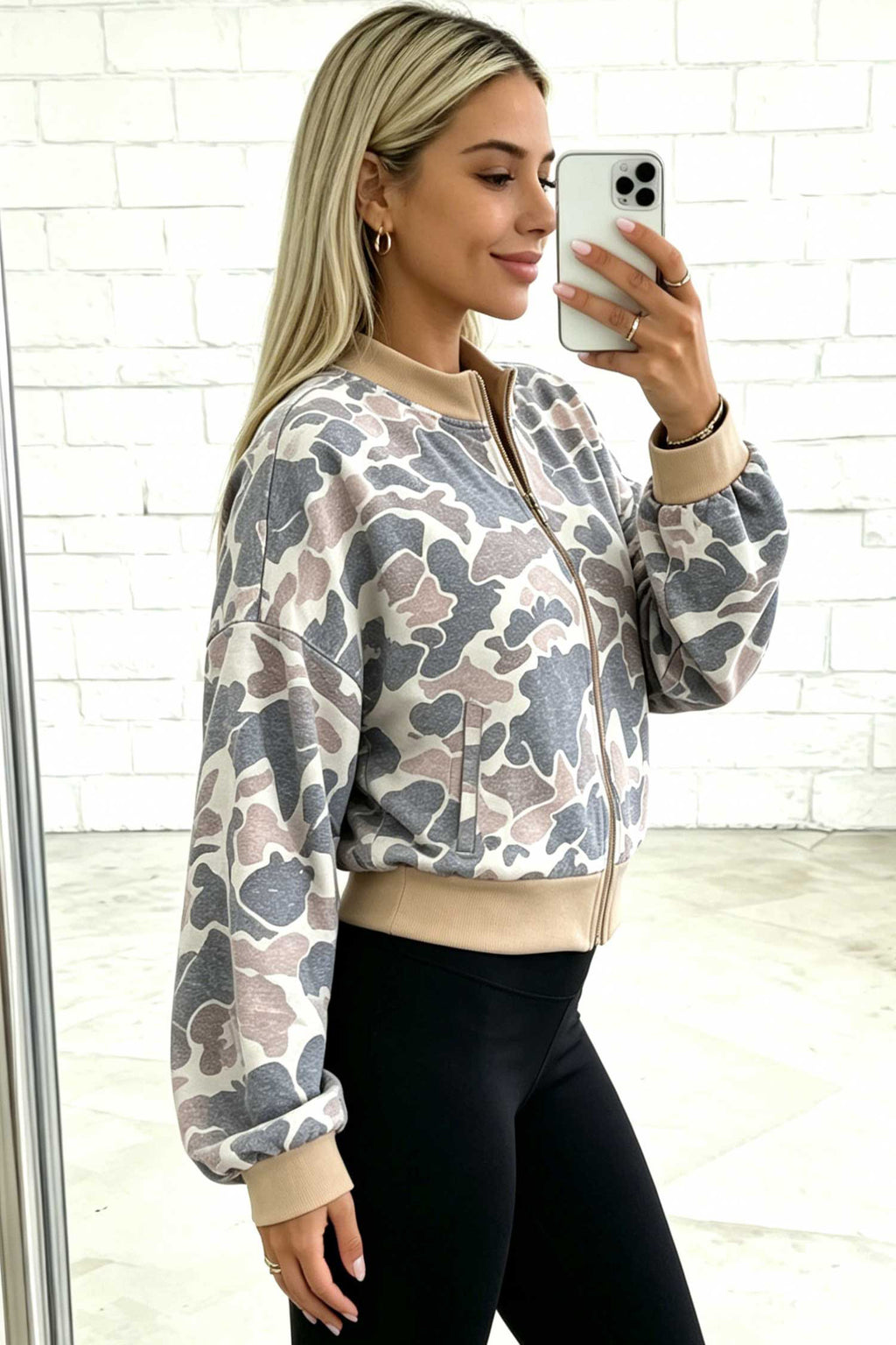 Camo zip bomber sweatshirt, alternate view