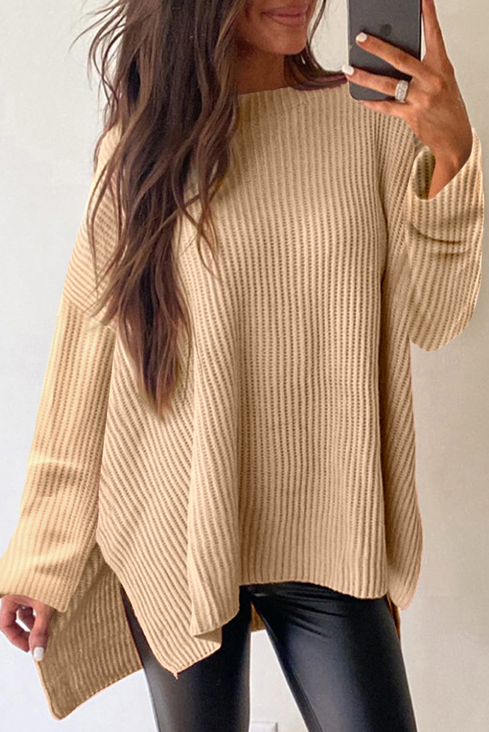 Apricot Cable Knit Sweater | Side Slits