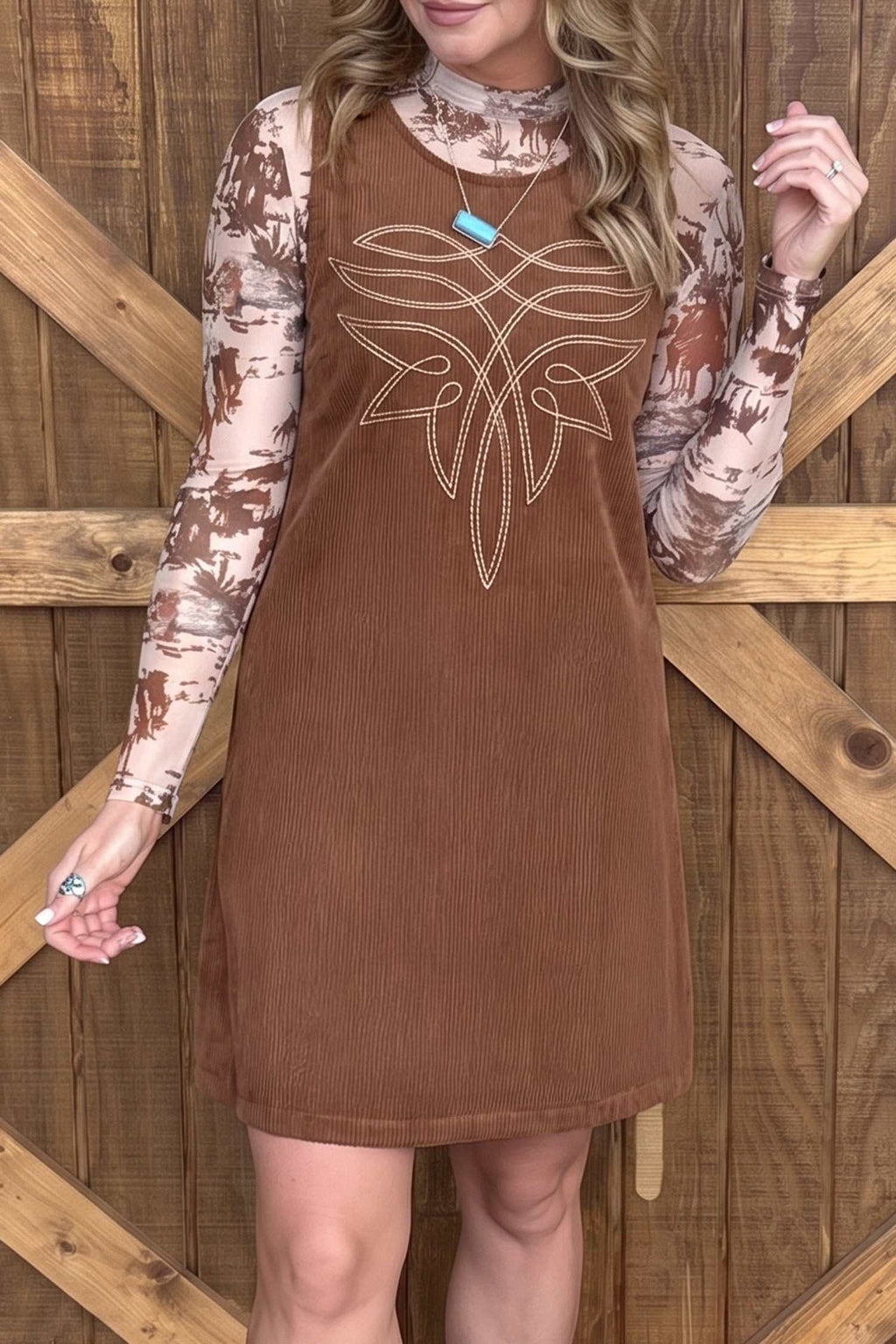 Coffee corduroy shift dress, view 3