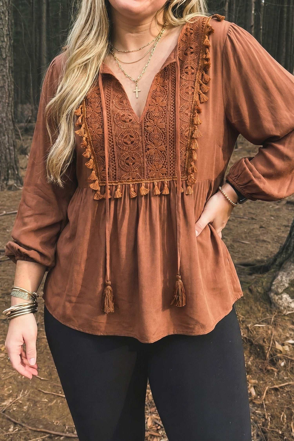 Chestnut boho plus size blouse, view 3