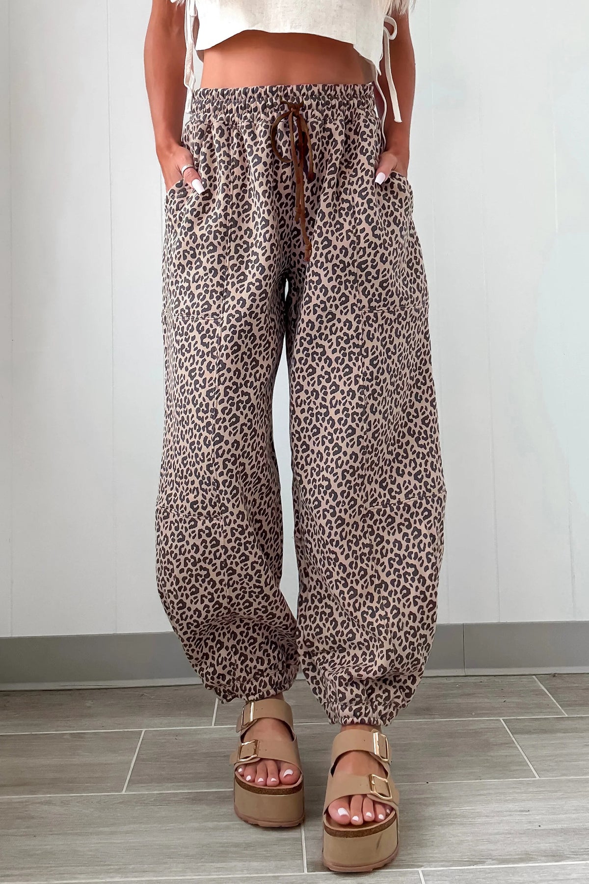 Khaki Leopard Print Elastic Waist Ankle Length Pants Dear-Lover Dropshipping