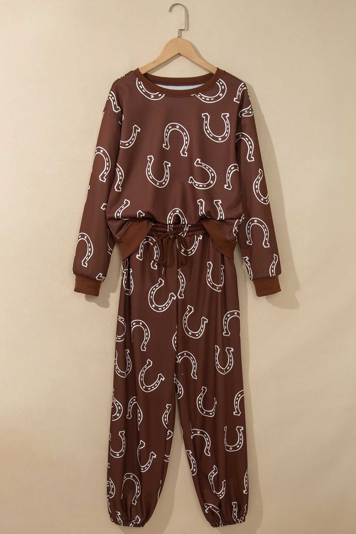 Brown western print pant set, view 5