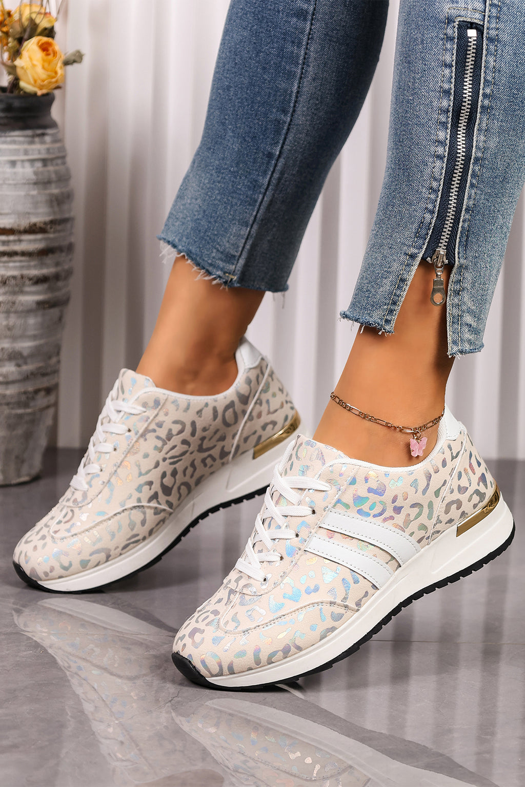 White leopard lace-up sneakers, view 5