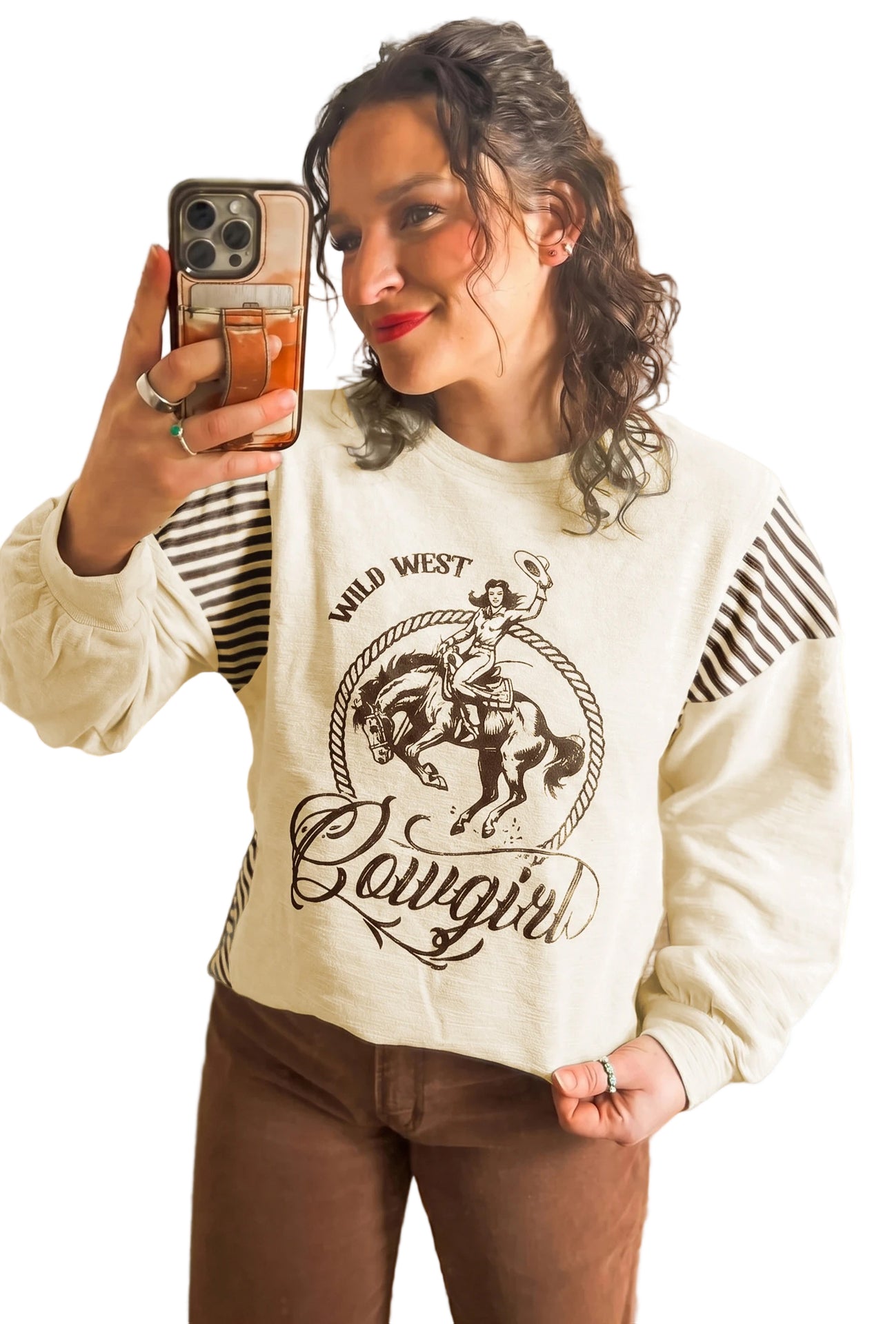 Jet Stream Western Print Striped Detail Long Sleeve Casual Top
