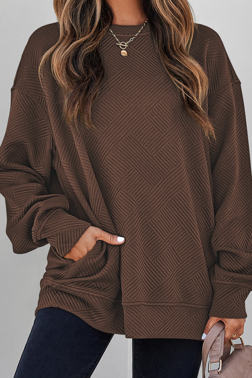 Women's coffee brown textured drop shoulder pullover sweatshirt