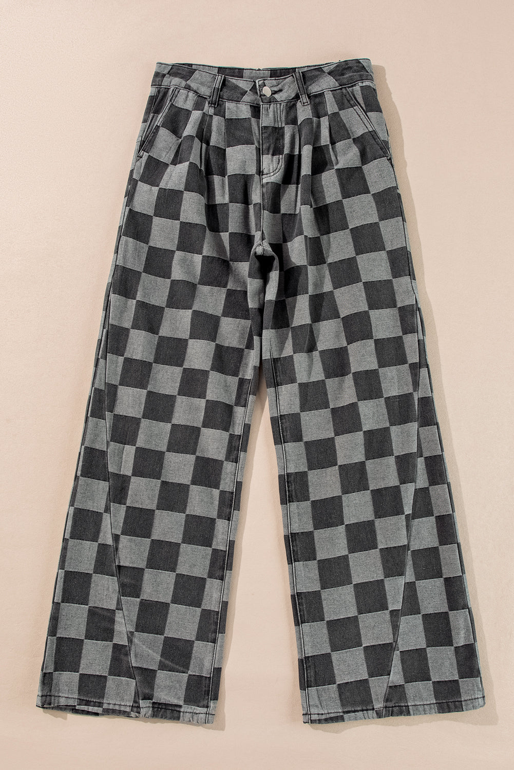 Grey checkered wide leg jeans, view 3