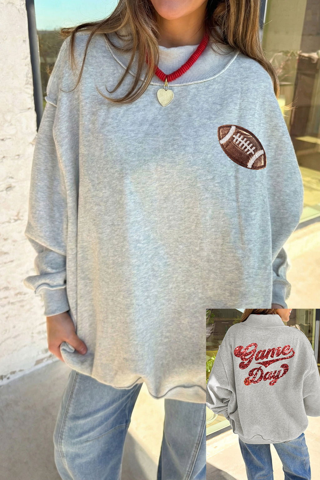 Women's light grey mock neck tunic sweatshirt with sequin football patch